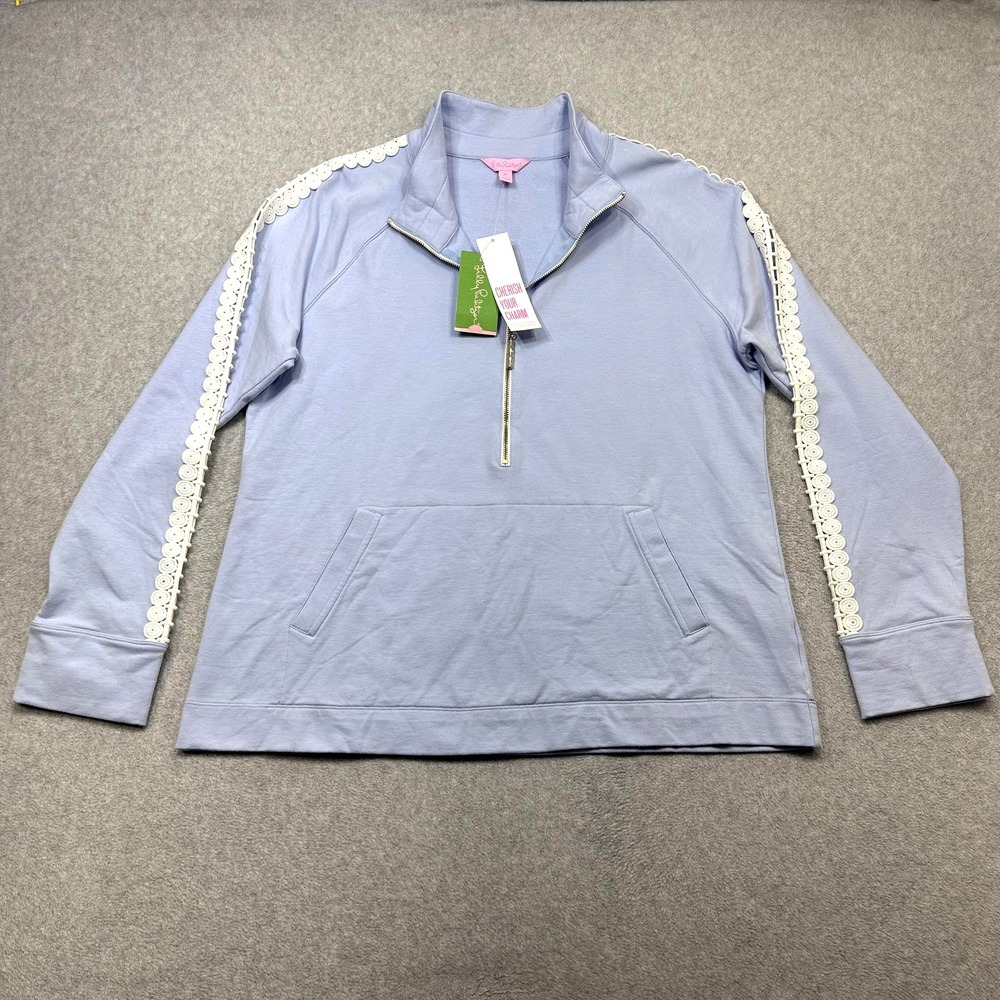 Lilly Pulitzer Skipper Popover Women XL Crew Blue 1/2 Zip Sweatshirt Lace Pocket
